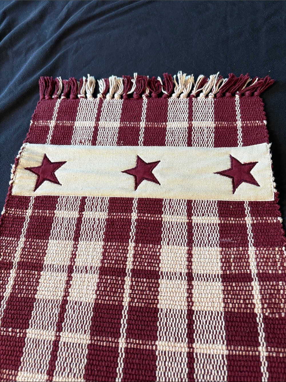 Table Runner- Burgundy and Cream Woven Plaid Runner with Star Applique - Picture 7 of 8